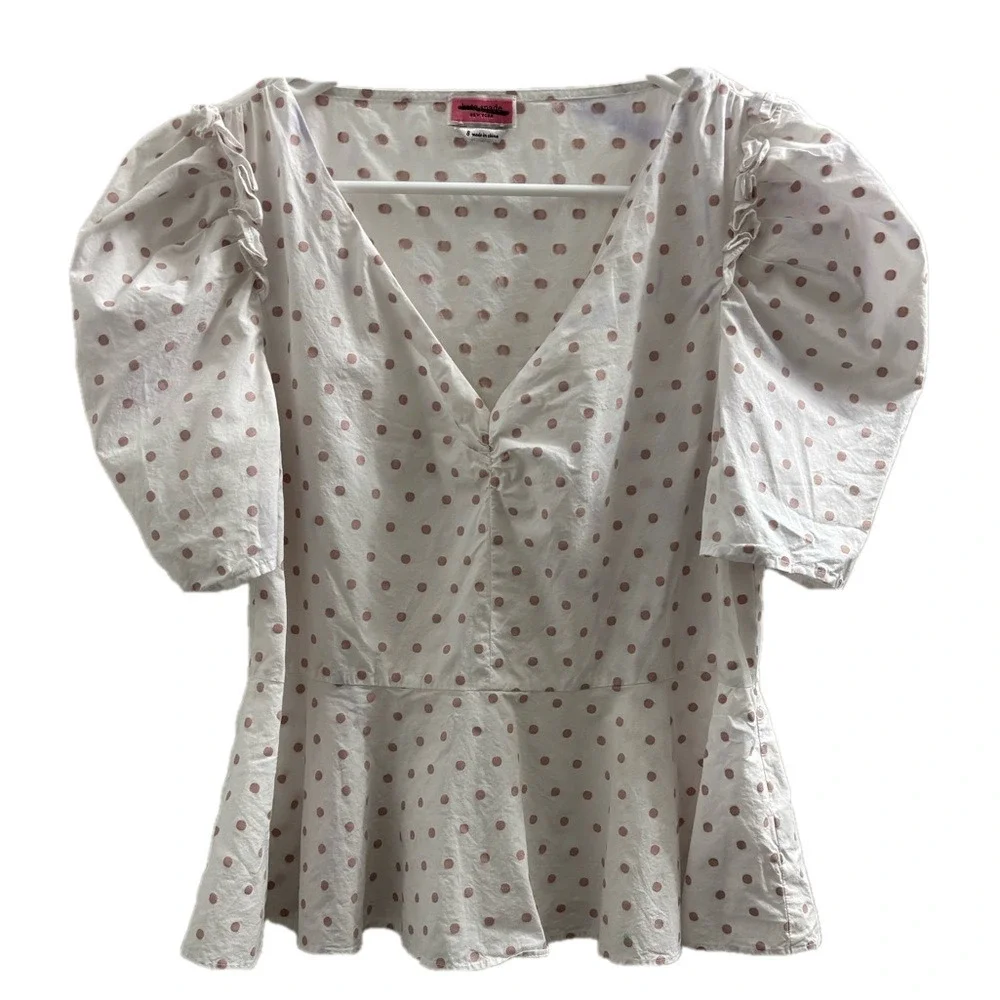 Kate Spade White with Pink dot Peplum  Blouse size 8